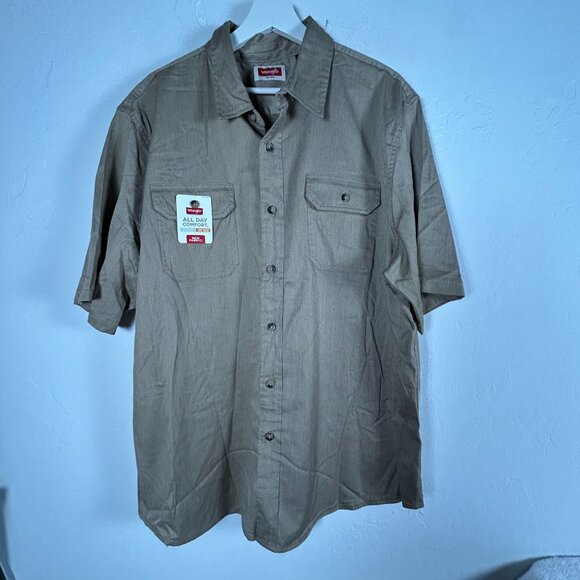 Wrangler Mens All-Day Comfort Shirt XL Button-Up Short Sleeve Tan Cotton New